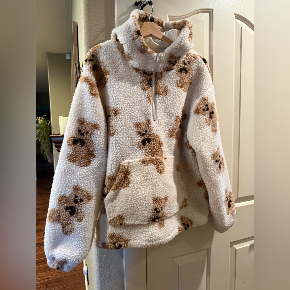 Aelfric Eden Sherpa Teddy Bear Hoodie Pullover White Brown Size Small - Picture 2 of 4